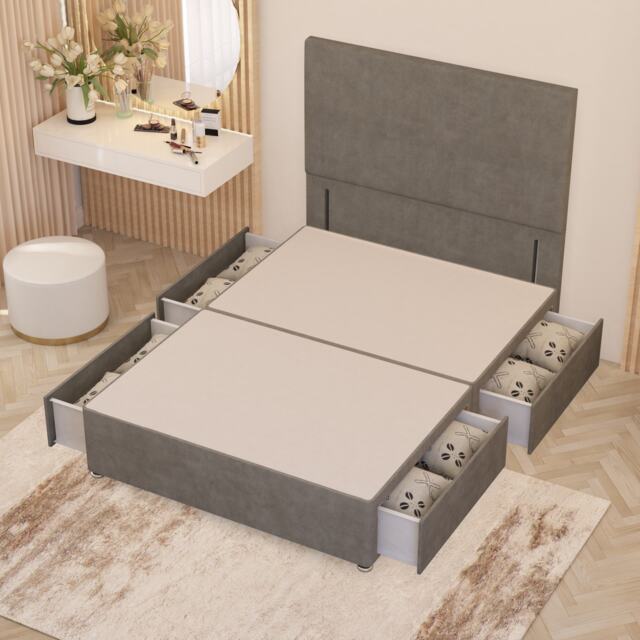 Divan Bed Base with 4 Drawers & Plain Floor Standing Headboard Plush Velvet Silver Silver
