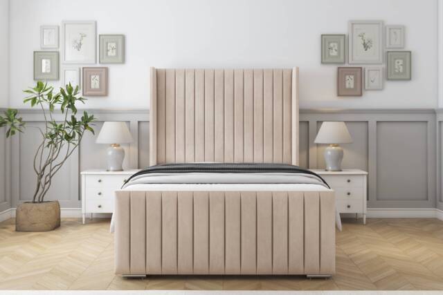 "Sloomy Marlborough Sand Naples Bed Frame With 50"" Upholstered Wingback Headboard 5' King"