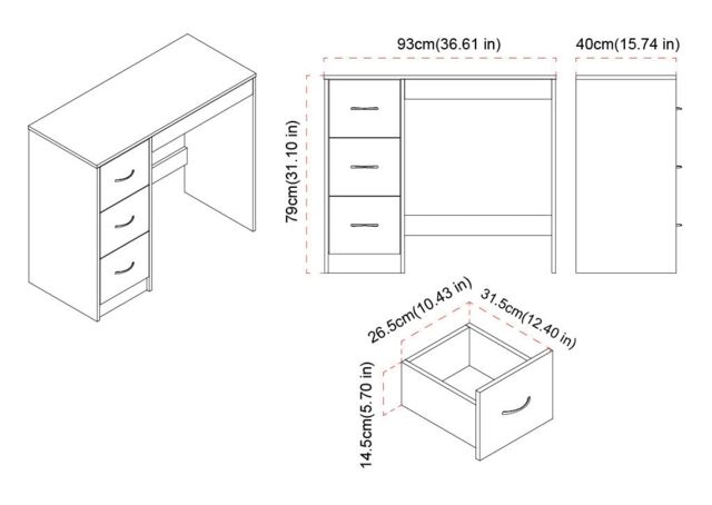 3-Drawer Wooden Desk and Dressing Table - Multi-Functional, 79.5x93x40 cm Black Black & Cool Grey 22.5 x 43.5 x 98.5 1