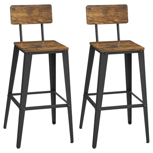 Set of 2 Industrial Bar Stools with Backrest Brown Brown