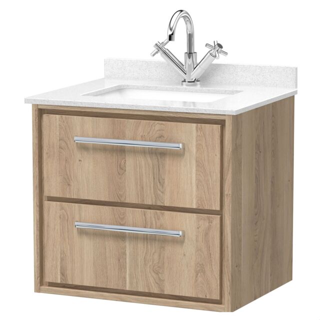 Balterley Longnor 2 Drawer Wall Hung Vanity Unit with Square Basin and Marble Worktop, Light Oak, 600mm