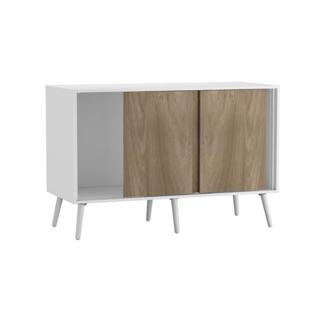 URBNLIVING White Carcass 3 Door Sliding Storage Cabinet Multi Oak Doors & White Legs 1