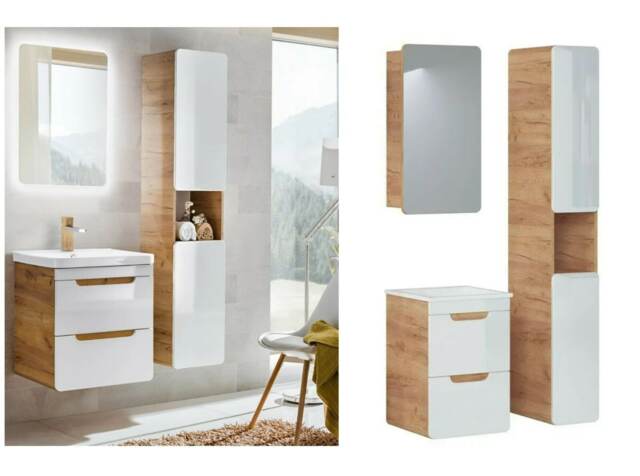 Wall Mounted Bathroom Cabinets Furniture Set 500mm Vanity Unit Mirror and Slim Tallboy White Gloss Oak Aruba