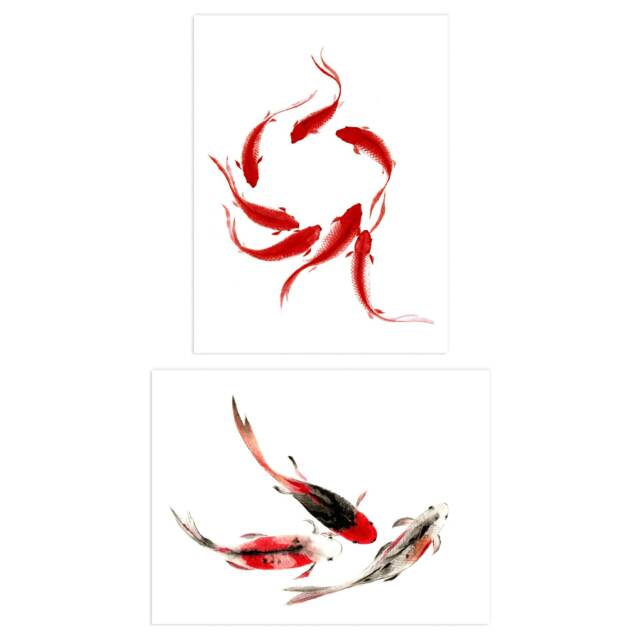 Set of 2 Watercolour Japanese Koi Carp Fish Bathroom Home Decor Wall Art Prints 12x16 Inch