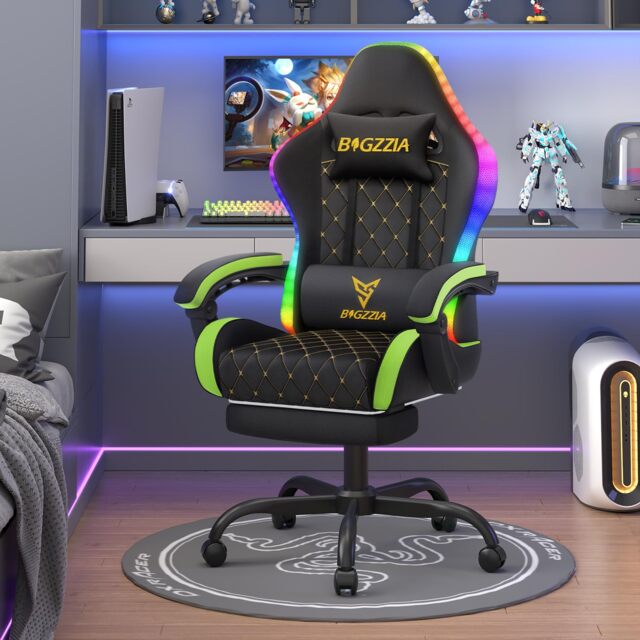 Rattantree RGB LED Gaming Chair with Lumbar Support Reclining Footrest PU Leather Chair