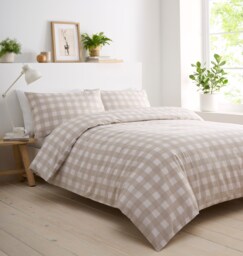 Gingham Check Soft Easy Care Bed Linen Bedding Duvet Cover Quilt Set With Pillow Cases Cream Super King
