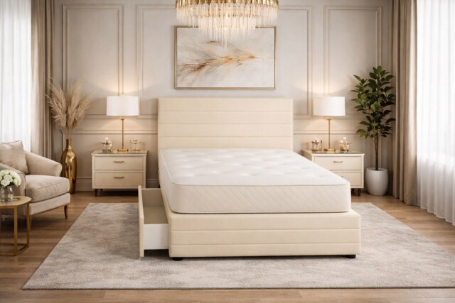 Divan Bed Set Headboard and Footboard with Mattress 6ft Superking Cream Suede Storage 4 Drawers