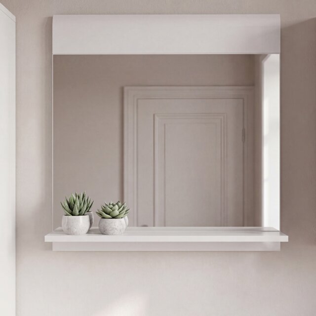 Ice Cave Mirror with Shelf in White with White High Gloss Front