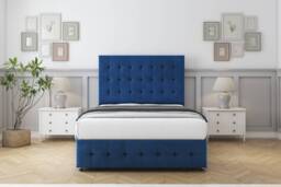 "Sloomy Berlin Navy Plush Divan Bed With Mattress 2 Drawers Left Side With 26"" Strutted Headboard & 12"" Matching Footboard 2'6 Small Single Blue Navy Small Single 1"