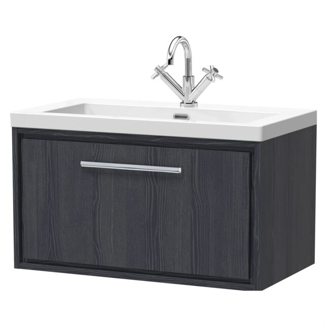 Balterley Longnor 1 Drawer Wall Hung Vanity Unit with 1 Tap Hole Modern Fireclay Basin, Woodgrain Graphite Grey, 800mm