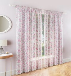 "Mia Pink Floral Print Sheer Voile Panels - Pair 140 x 229cm (55x90"")"