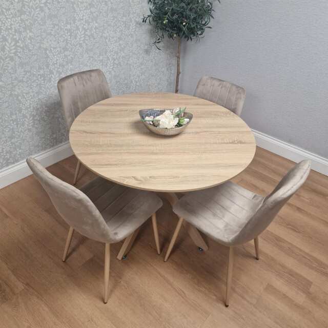 KOSY KOALA 4 Seater Round Dining Table with Wood Effect X Shape Legs & 4 Beige Chairs for Kitchen Dining Room Furniture Set