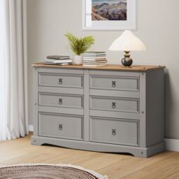 Mercers Furniture Corona Grey Wax Low 3+3 Wide Chest of 6 Drawers Sideboard Solid Wood Pine Wooden with Mexican Styling