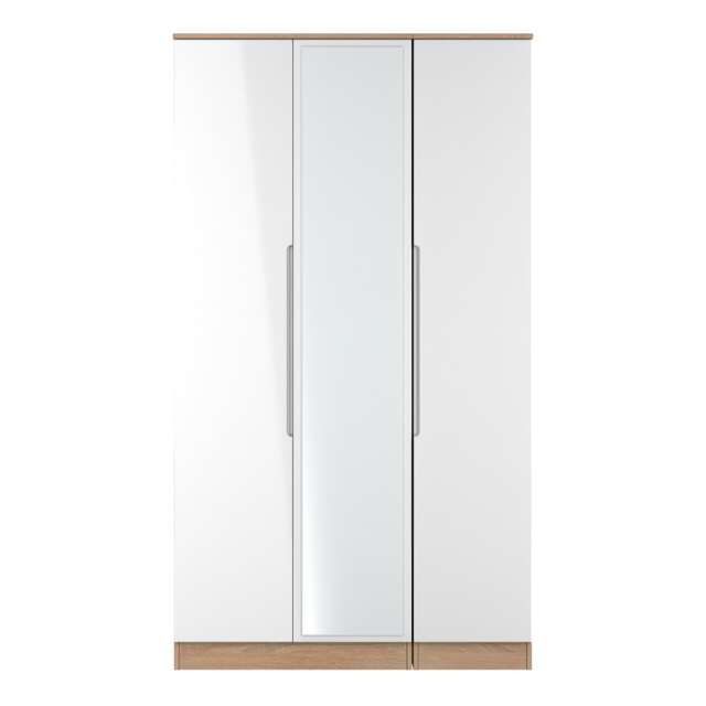 Lucca Tall Triple Mirrored Wardrobe in White Gloss & Bardolino Oak (Ready Assembled) White White Gloss & Bardolino Oak