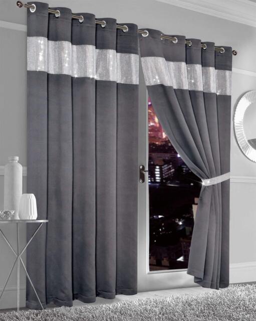 Diamante Blackout Eyelet Curtains in Charcoal, 167cm x 137cm Grey Grey