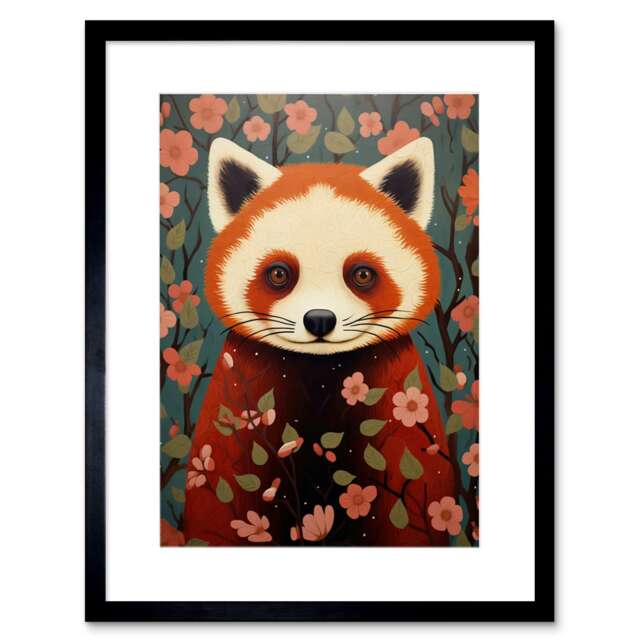 "Red Panda Cute Tree Blossom Kids Bedroom 9x7"" Black Framed Wall Art Print"