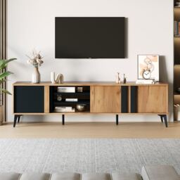 VILUXE 180cm TV Stand for TVs up to 80 Inches with 3 Cabinets, 4 Open Shelves, Cable Management and Adjustable Metal Legs, Brown and Black