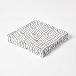 Homescapes Cotton Light Grey Thin Stripe Floor Cushion - 50 x 50 cm Grey Light Grey 50 x 50 cm