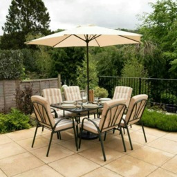 Hectare 6 Seater Garden Furniture Glass Table Dining Set and Parasol Beige
