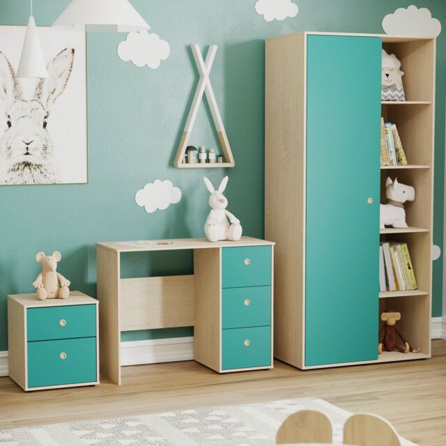 Junior Vida Neptune 3 Piece Bedroom Set, Blue & Oak (Desk, Bedside Table, Wardrobe) Blue Blue L 3