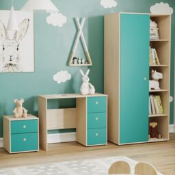 Junior Vida Neptune 3 Piece Bedroom Set, Blue & Oak (Desk, Bedside Table, Wardrobe) Blue Blue L 3