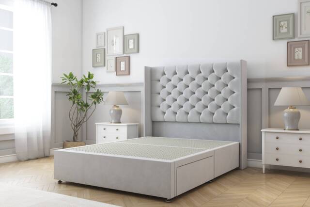 Sloomy Dior Silver Plush Divan Bed Base 2 Drawers Foot-End With 54 Inch Wingback Headboard Silver Silver Super King 1