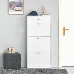HOMCOM Shoe Cabinet with 3 Flip Drawers, High Gloss Shoe Storage Cabinet with Top Drawer and Adjustable Shelves, Shoe Cupboard for 18 Pairs, White White