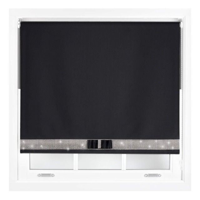 FURNISHED Blackout Roller Blinds with Diamante Trim and Bow Cut to Size Black Black (W) 240cm x (L) 210cm