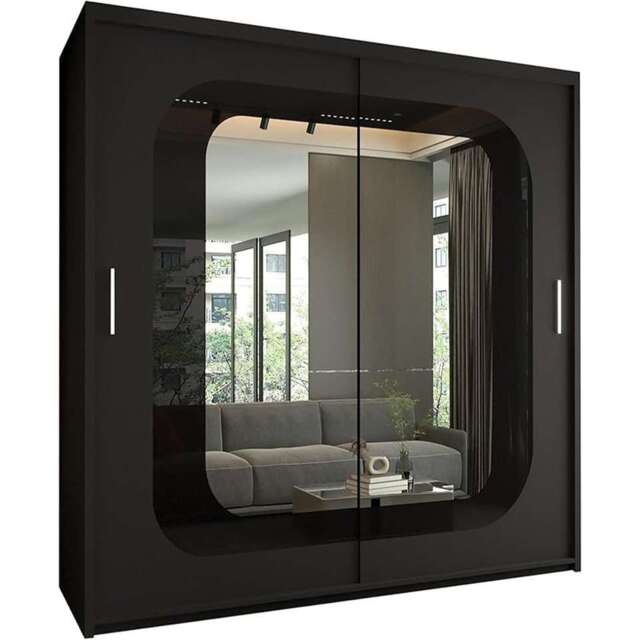 Modern Sliding Mirror Wardrobe with Strip Design & Adjustable Storage - 150/203cm Options