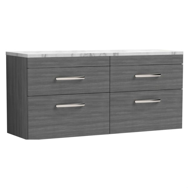 Balterley Millwich Contemporary 4 Drawer Wall Hung Vanity Unit with Laminate Carrara Marble Worktop, Anthracite Woodgrain, 1200mm