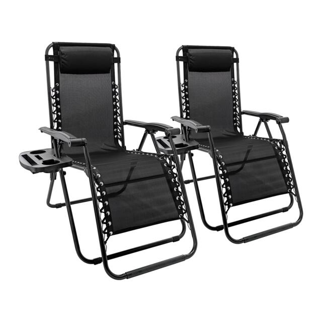 Harbour Housewares Zero Gravity Chairs - Black - Set of 2 - Reclining Folding Garden Patio Beach Loungers with Cup Holders