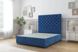 Sloomy Mayfair Navy Plush Divan Bed Base 2 Drawers Foot-End With 26 Inch Strutted Headboard Blue Navy Small Double 1