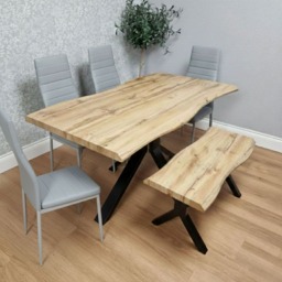 Wooden Dining Table with 4 Black Faux Leather Chairs and Bench - Dining Kitchen Room Furniture