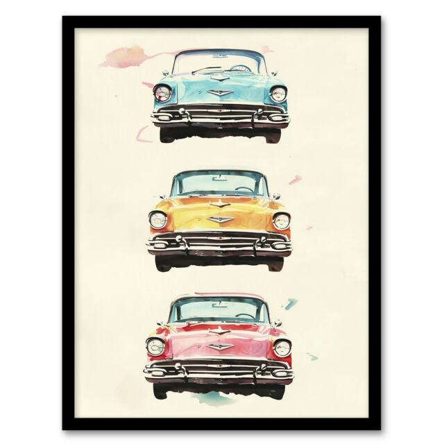 Three Classic Vintage Cars Watercolour Black Framed Wall Art Print A4