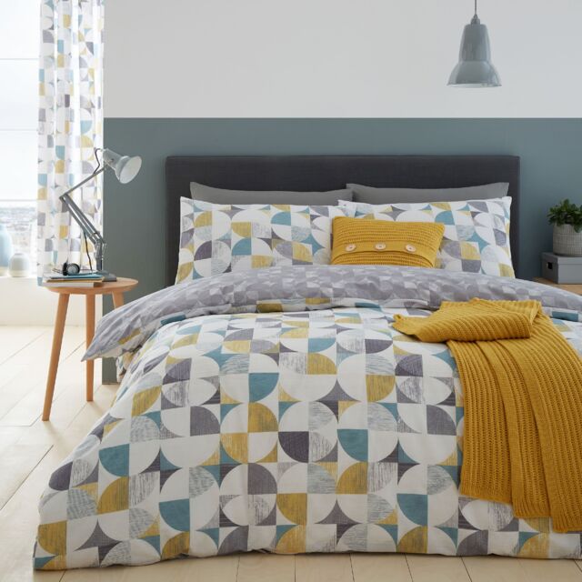 Retro Circles Reversible Duvet Cover Set Yellow Ochre