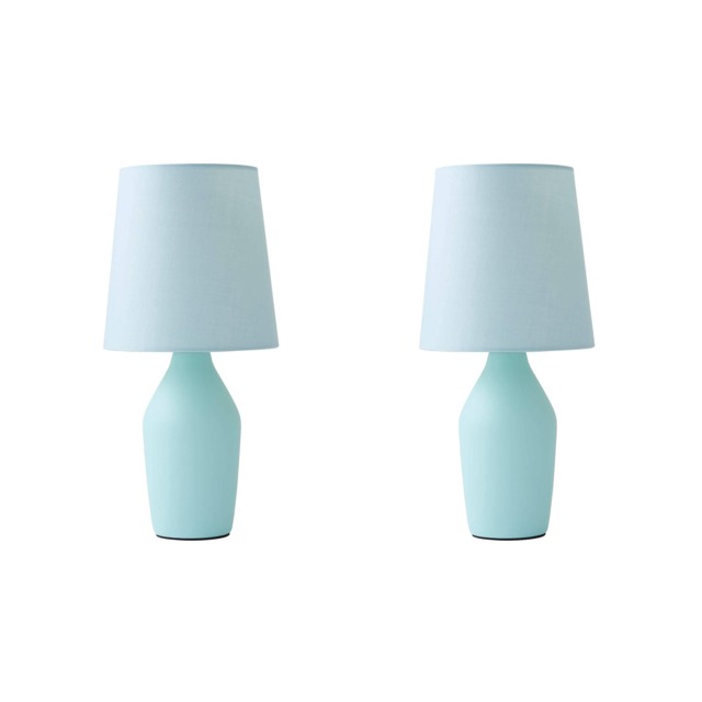 ValueLights Arlo Pair Duck Egg Blue Ceramic Base Table Lamp with Tapered Shade Blue