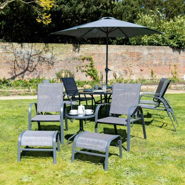 Hectare 6 Seater Reclining Garden Dining Set with Parasol and Glass Table Grey