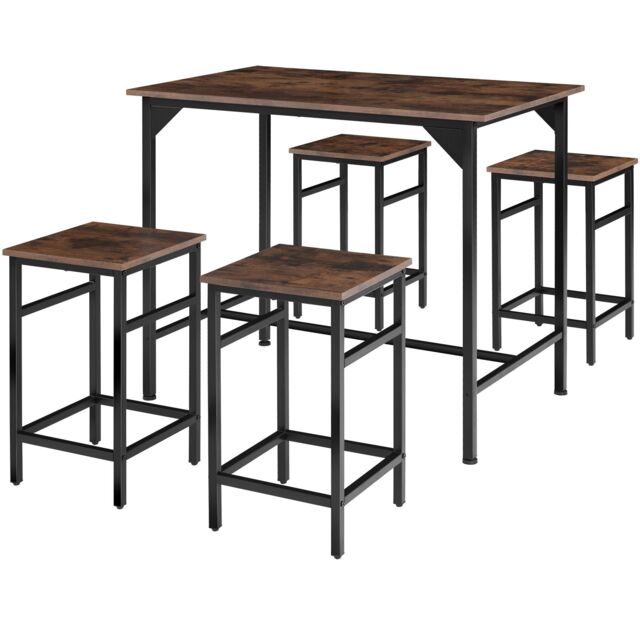 Dining Table with 4 Bar Stools Edinburgh - height-adjustable plastic feet Brown Industrial wood dark, rustic 100 x 124 x 88,50 cm 1