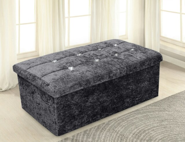 Home Republic Crushed Velvet Storage Ottoman - 76cm x 38cm Foldable Grey