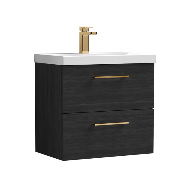 Balterley Wall Hung Bathroom 2 Drawer Vanity Unit and 1 Tap Hole Ceramic Basin, with Handles Black Charcoal Black