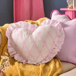 OHS Heart Shaped Frill Scatter Cushion Throw Pillow Multi Pink/White Bows