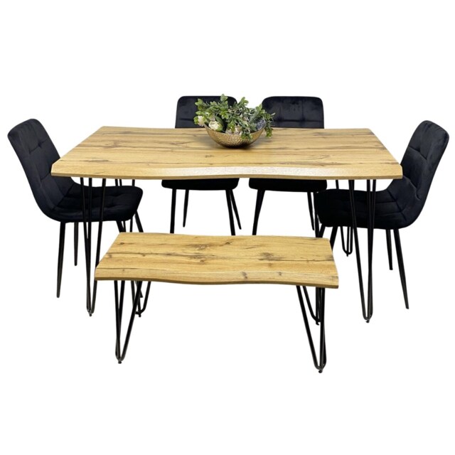 Brown Wooden Dining Table with 4 Black Chairs and Bench - Dining Kitchen Room Furniture
