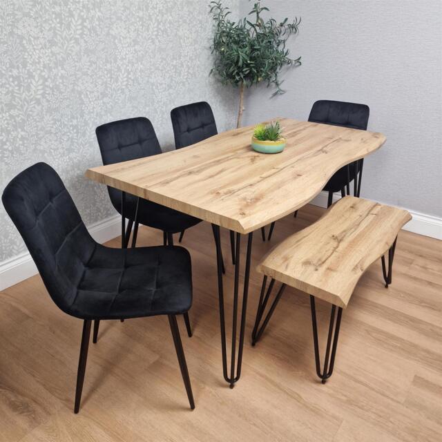Brown Wooden Dining Table with 4 Black Chairs and Bench - Dining Kitchen Room Furniture