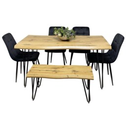 Brown Wooden Dining Table with 4 Black Chairs and Bench - Dining Kitchen Room Furniture