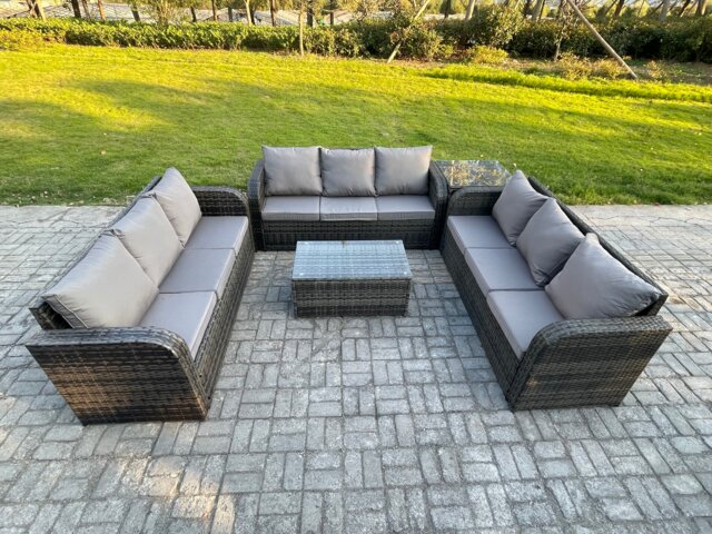 Fimous Rattan Lounge Sofa Set 9 Seater Outdoor Garden Furniture Set with Rectangular Coffee Table 3 Seater Sofa Side Table Dark Grey Mixed