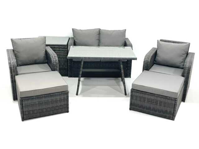 Fimous Outdoor Garden Furniture Set Rattan Sofa Dining Table Set with Reclining Chair 2 Big Footstool Side Table Dark Grey Mixed