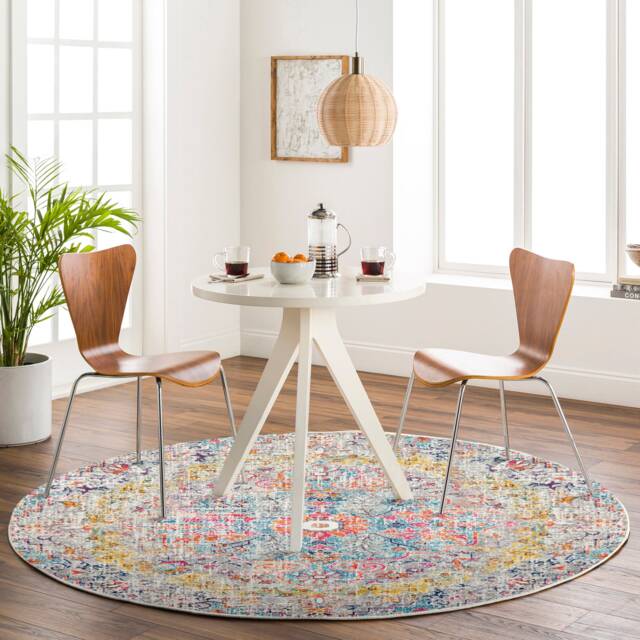 LIVABLISS Harput-Vintage Traditional Boho Round Rug Ø160 cm Blue Orange Yellow Grey