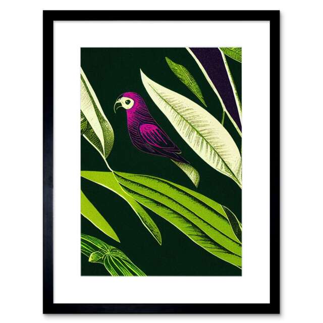 "Pink Parrot Tropical Plant Leaves Vintage Pattern 9x7"" Black Framed Wall Art Print"