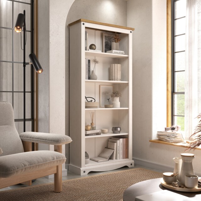 Corona Premium Tall 5-Shelf Bookcase - Solid Pine Construction with Metal Hardware and Dovetail Detailing White White Wax One Size 1