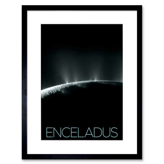 "NASA Our Solar System Enceladus Saturn's Moon Plumes 9x7"" Black Framed Wall Art Print"